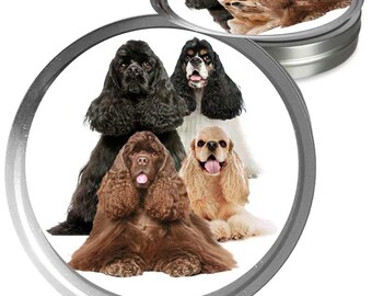 Cocker Spaniel Essential Care Combo Bálsamos hechos a mano para narices secas de perro, patas ásperas e irritaciones de la piel con picazón en una lata de almacenamiento / regalo
