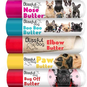 Frenchie Nose to To Toes Tube Combo pour les nez secs, les pattes rugueuses, les callosités du coude et les irritations de la peau qui démangent. Essayez 4 produits avec 6 étiquettes FBD