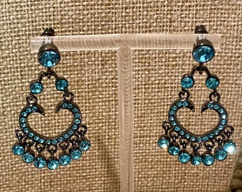 Vintage 1980's Sparkly Turquoise Rhinestone Chandelier Earrings