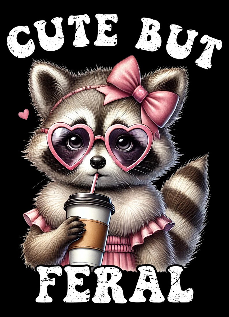 Op de afbeelding: Een schattige cartoon-wasbeer met een roze hartvormige zonnebril en een roze strik, die een kopje koffie vasthoudt met een rietje. De wasbeer draagt een roze jurk met ruches. De tekst "Cute But Feral" staat boven de wasbeer.
