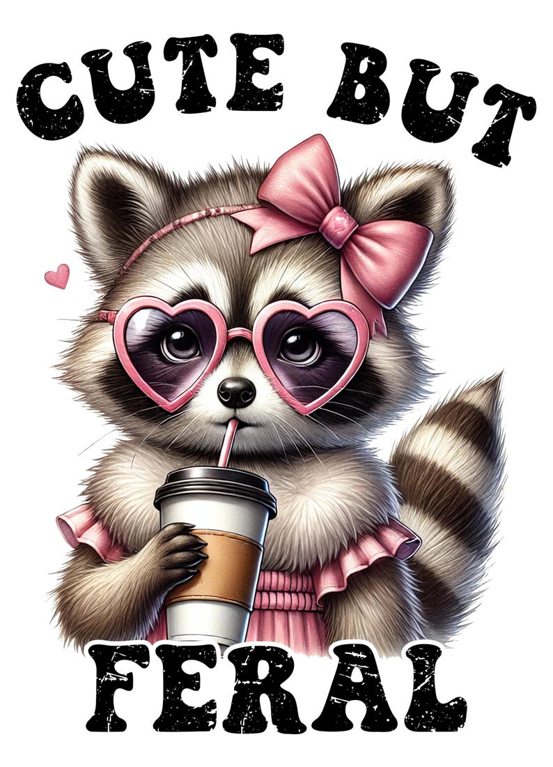 Op de afbeelding: Schattig maar wild grafisch ontwerp met een cartoonwasbeer die een roze hartvormige zonnebril, een roze strik en een roze jurk draagt. De wasbeer houdt een kopje koffie vast en drinkt door een rietje. De tekst "Cute but Feral" staat in het zwart boven de wasbeer.