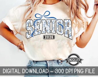 Senior 2026 Png Coquette Bow PNG Blue Toile Floral Sublimation Cute Varsity Graduation Design Senior 2026 DTF Transfer PNG Senior Girl Png