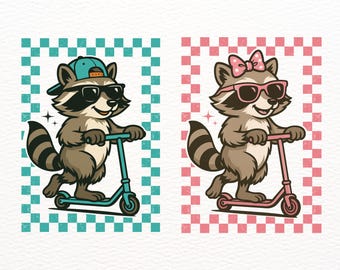 kids summer png Boy Girl Raccoon PNG Summer Boy Girl Png Summer Raccoon PNG Raccoon Scooter PNG Scooter Boy and Girl Sublimation Design png