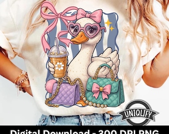 Ganso preppy y atrevido PNG, clipart de ganso divertido para camisetas, sublimación de ganso glamuroso, gráfico de animal lindo, diseño de camiseta de ganso femenino, PNG digital