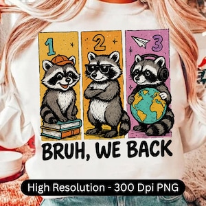 Bruh wir zurück PNG, Dummer Waschbär Zurück in die Schule png, Retro Waschbär Humor Erster Tag, Lehrer Geschenk Sublimation Trendy süße lustige Schule Vibes