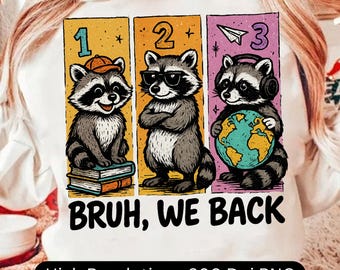 Bruh We Back PNG, fånig tvättbjörn tillbaka till skolan png, retro tvättbjörnshumor första dagen, lärarpresent sublimering trendig söt rolig skolvibbar