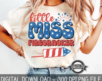 Little Miss Firecracker PNG, Cute 4th of July Digital Download, Patriotic Sublimation png, Retro Independence Day PNG, America Fireworks PNG
