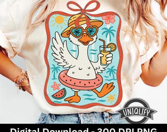 Summer Mama Goose Png Preppy Goose Coquette Bow png Coquette Ribbon Frame Funny Tropical Goose Summer Vacation Png Pool Float Goose PNG