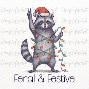 Feral and Festive Raccoon PNG, Funny Christmas Raccoon Clipart, Cute Holiday Sublimation Design, Funny Christmas PNG, Digital Download