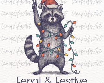 Feral and Festive Raccoon PNG, Funny Christmas Raccoon Clipart, Cute Holiday Sublimation Design, Funny Christmas PNG, Digital Download