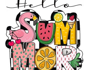 Hello Summer PNG, Summer Checkered Digital Download, Beach Vibes Sublimation Design, Summer Vacation Shirt PNG, Summer Vibes, summer Doodle