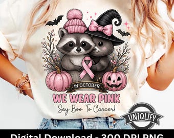 En octubre usamos rosa Mapache PNG clipart de concientización sobre el cáncer de mama Halloween lindo temporada espeluznante PNG decir buu al cáncer es buu hoja digital