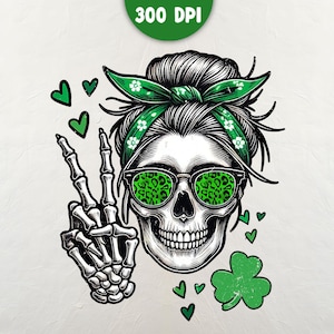 May include: A green and black skull with a peace sign hand gesture, wearing green sunglasses and a green bandana with white flowers. The skull has a bun in its hair and is surrounded by green hearts.
