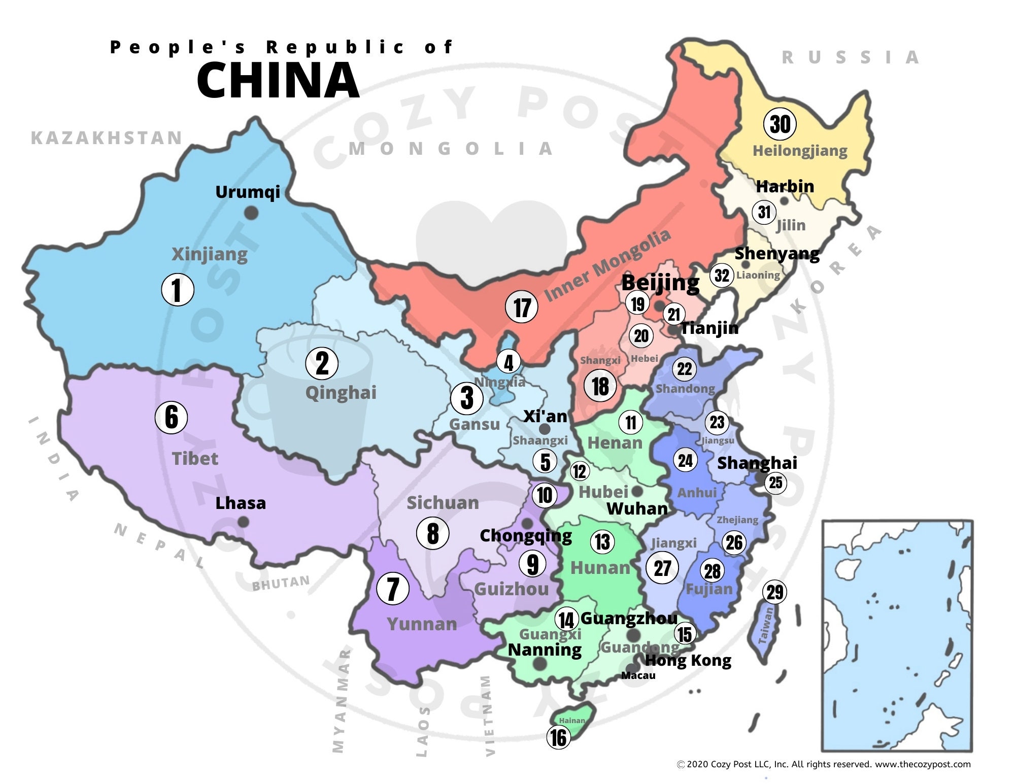 Educational Reference Map of China Pastel Colors Handmade With Numbered ...