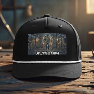 Puede incluir: Gorra de béisbol negra con detalle de cuerda blanca y un parche rectangular. El parche presenta una ilustración de una figura con traje militar en un entorno futurista, con el texto "EXPLOSIVE BY NATURE" debajo.