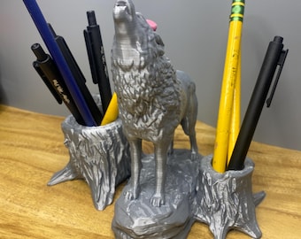 Gray Wolf Pen & Pencil Holder – Unique Desk Organizer Glossy Shiny Silver