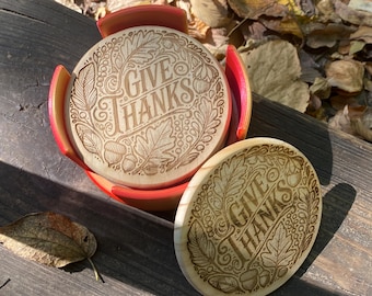 Give Thanks Coaster Set: Fall Foliage Thanksgiving Decor