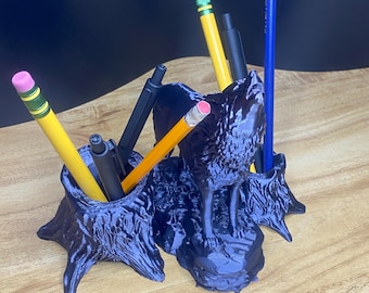 Black Wolf Pen & Pencil Holder – Unique Desk Organizer Glossy Shiny