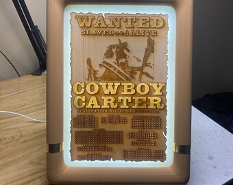 Beyoncé Cowboy Carter Wanted Poster – Custon Laser Engraved, Western Framed & Backlit with Tour Dates – 13.375”x9.875