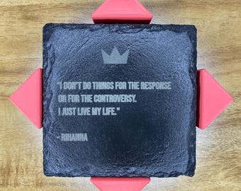 Rihanna-Inspired Slate Coaster Set: Engraved Motivational Quotes, Red Silk Holder