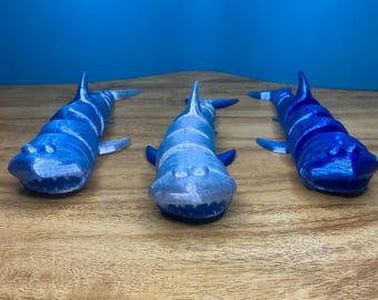 Articulated Cookie Shark Set: Blue & Silver 3D Printed Toy (5 inch)