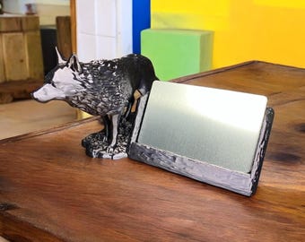 Black Wolf Business Card Holder – Desktop Organizer for Nature Lovers