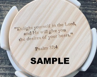 Engraved Wooden Bible Verse Coasters - Set of 6 with Holder