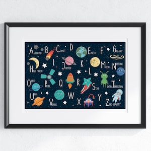 Space ABC Nursery Print & 3 Bonus Pattern&#39;s, Educational Digital Art for Kids | Instant Download