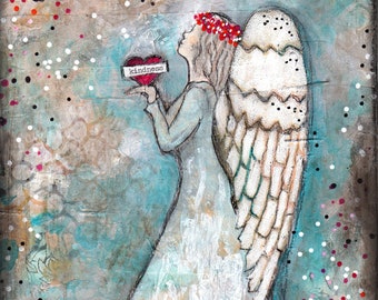 Angel of Kindness Print on Wood and Print to be Framed (PTBF), shawn petite, wall décor, mixed media, stencils, art