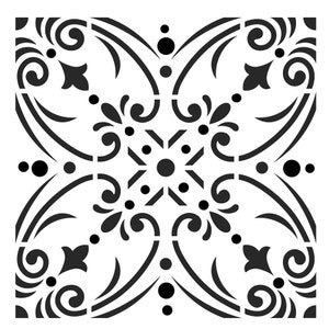 May include: Black and white decorative tile design with a repeating pattern of swirls, dots, and floral motifs. The tile has a symmetrical design with a central circle.