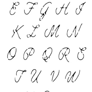 May include: A black and white image of the alphabet, from A to Z, in a cursive font. Each letter is individually displayed, with a slightly distressed or stencil-like appearance. The letters are evenly spaced on a white background.