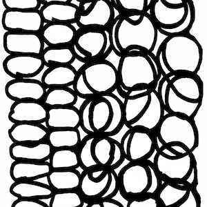 May include: Black and white abstract pattern with overlapping circles and ovals. The pattern is made up of different sizes and shapes of circles and ovals.