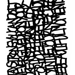 May include: Black and white abstract art print with a geometric pattern of overlapping lines and shapes.