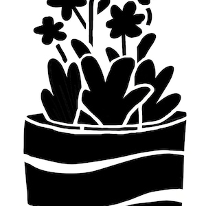 May include: Black and white illustration of a potted plant with flowers. The plant is in a black pot with white horizontal stripes. The flowers are black and have a simple, stylized design.