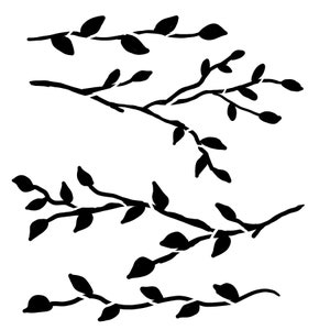 May include: Black and white silhouette of a branch with leaves. The branch is curved and has several small leaves. The image is simple and elegant.