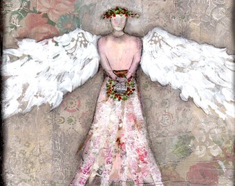 Angel of Peace, Print on Wood and Print to be Framed (PTBF), shawn petite, wall décor, mixed media, stencils, art