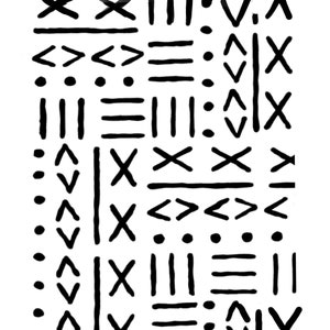 May include: Black and white abstract geometric pattern with various shapes, including crosses, triangles, dots, and lines.