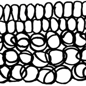 May include: Black and white abstract pattern of overlapping circles. The circles are arranged in a grid pattern, with the circles in the top row being larger than the circles in the bottom row.