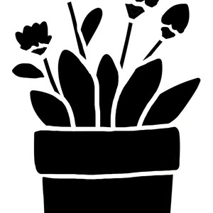 May include: Black and white illustration of a potted plant with flowers. The plant has several large leaves and multiple flower stems with open blooms and buds. The pot is a simple rectangular shape.