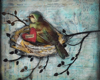 Home bird, print on wood and print to be framed (PTBF)  shawn petite, wall décor, mixed media, stencils, art