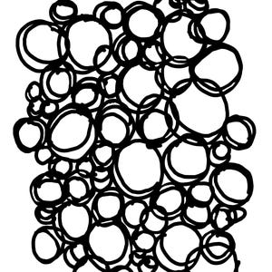 May include: Abstract black and white artwork featuring a dense arrangement of overlapping circles. The circles vary in size and are outlined with thick, bold lines, creating a dynamic and textured visual effect. The design is set against a clean white background.