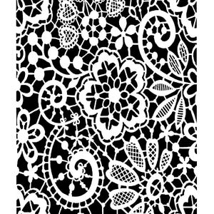 May include: A black and white lace pattern featuring intricate floral and swirling designs. The white lace details are set against a solid black background, creating a high-contrast, decorative textile design.