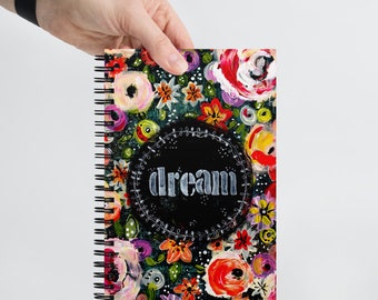 Droom bloemen spiraal notitieboekje met gestippelde pagina's, Shawn Petite, mixed media, kunst, art journaling, schrijven, junk journaling