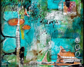 Letting go of Fear, Print on Wood and Print to be Framed (PTBF) shawn petite, wall décor, mixed media, stencils, art