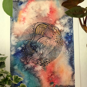 Imaginärer Planet Kunstdruck – A4 Aquarell & Tusche Illustration – Kosmische botanische Wandkunst – Mikrokosmos-Serie