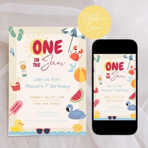 One in the Sun Birthday Invitation - Beach Theme 1st Birthday Invite - Editable Summer Party Template - Canva Digital Download