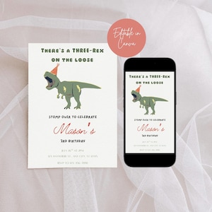 Three Rex Birthday Invitation – Dinosaur 3rd Birthday Party Invite – Editable Digital Download – T-Rex Birthday Template
