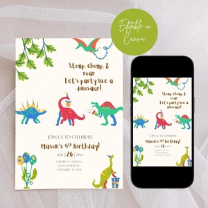Invitation d'anniversaire de dinosaure | Invitation à une fête modifiable Dino pour garçons | Modèle d'anniversaire pour tout-petit | Téléchargement instantané Canvas