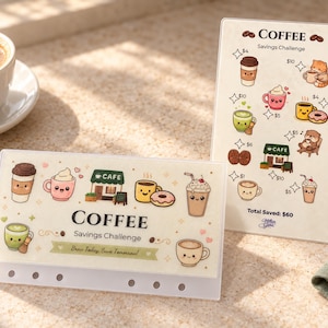 May include: Two rectangular plastic savings challenge trackers featuring cute coffee-themed illustrations. The horizontal tracker displays the text COFFEE Savings Challenge Brew Today, Save Tomorrow. The vertical tracker lists various coffee icons with dollar amounts and the text COFFEE Savings Challenge Total Saved: $60.