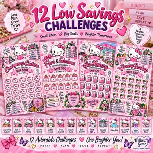 Puede incluir: Un conjunto de 12 rastreadores de ahorro en rosa y blanco con gráficos de Hello Kitty. Las hojas incluyen títulos como Emergency Cushion, Five & Fabulous, Gas Money y Grocery Backup con espacios designados para marcar montos en dólares.